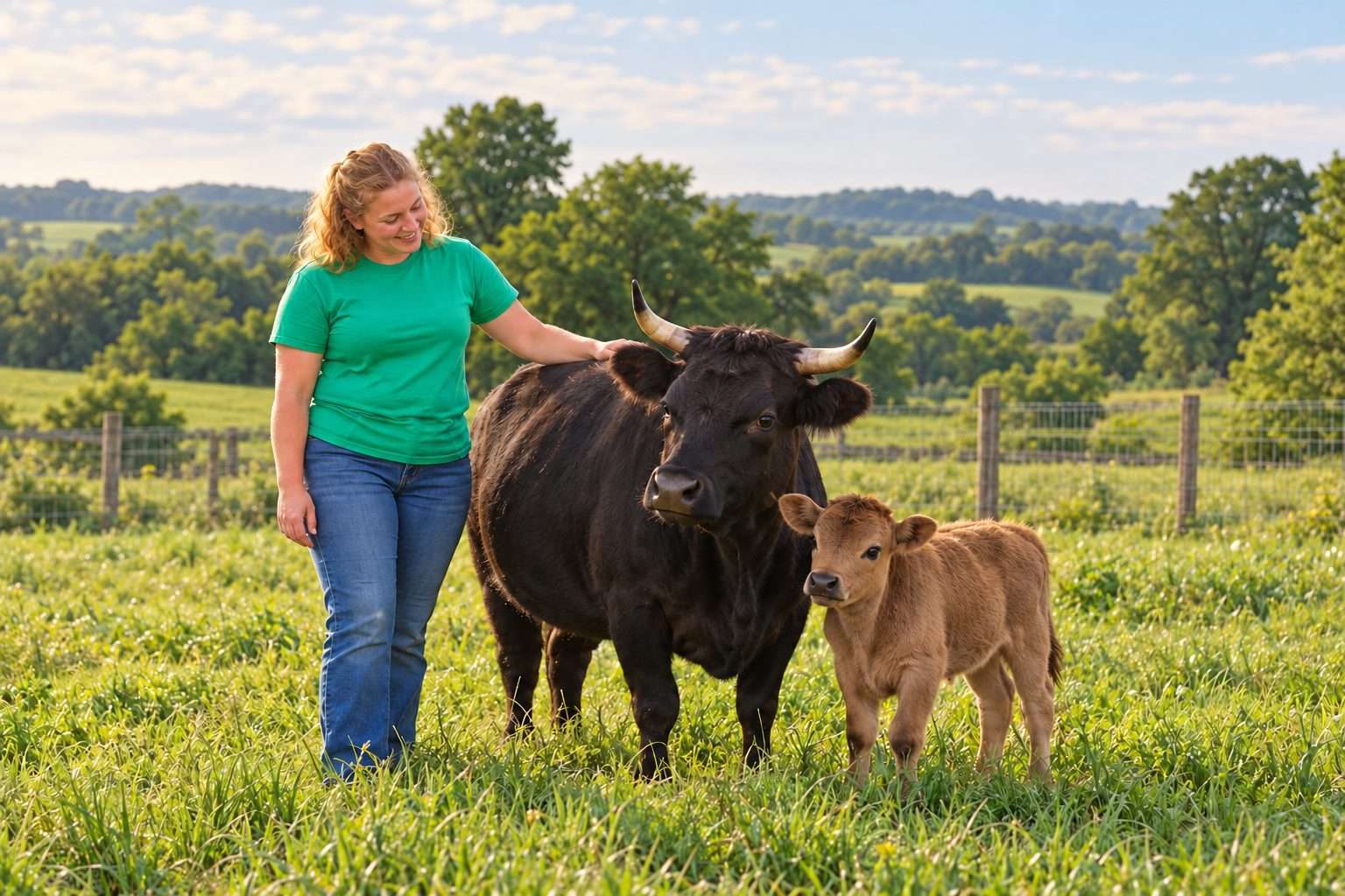 Farmer with a horned black Irish Dexter cow and a hornless dun calf.
