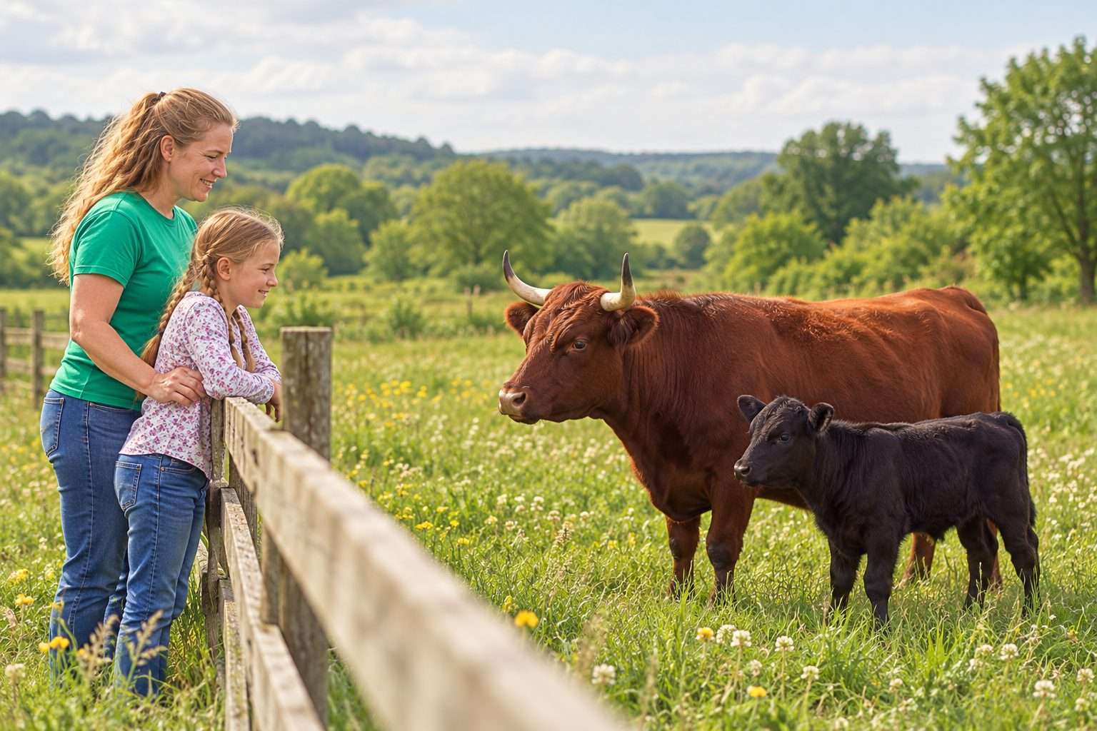 Mother and daughter beside a horned red Irish Dexter cow and black calf.