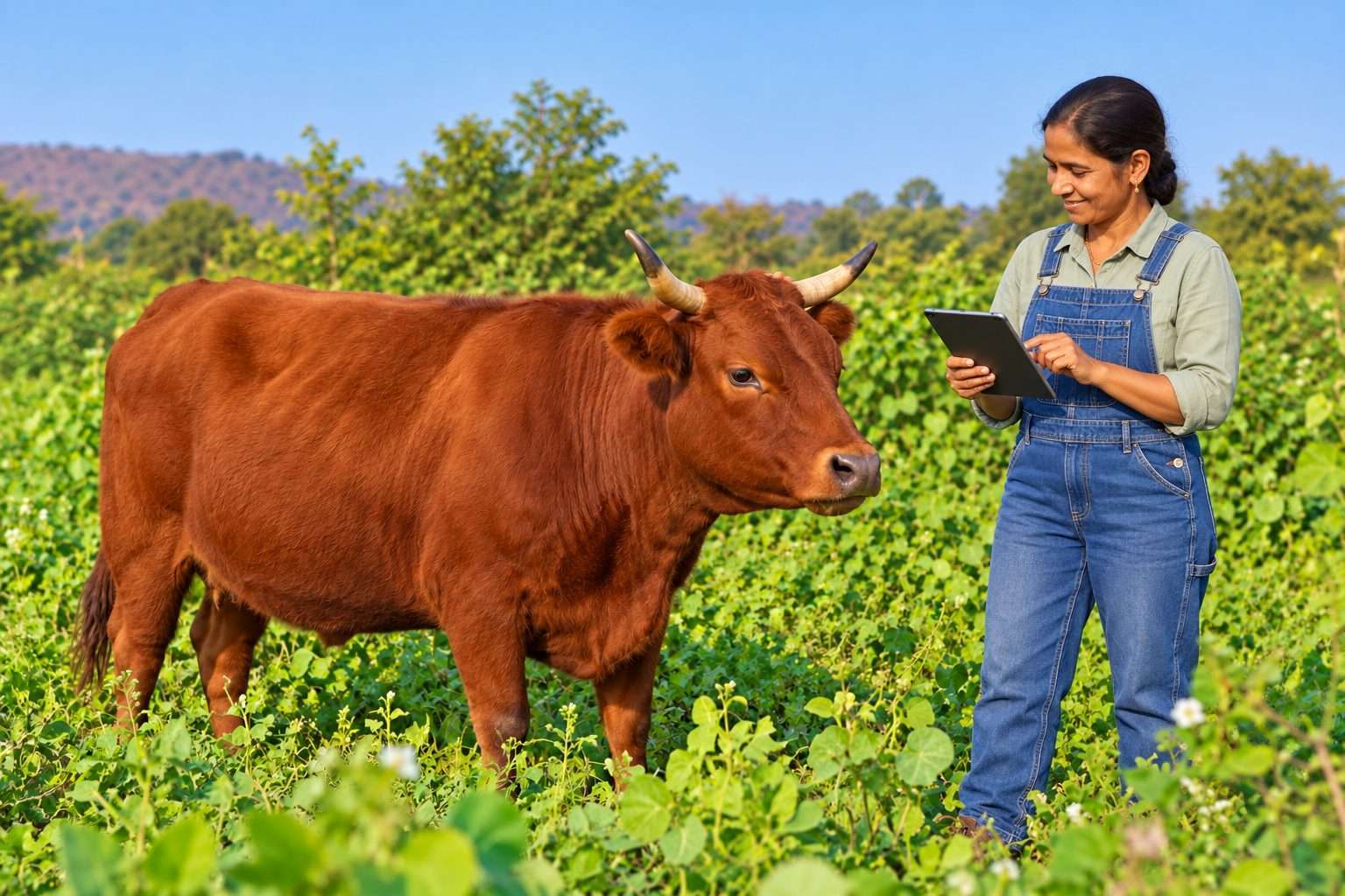 Woman farmer in denim bib overalls entering farm records on a tablet beside a horned red Irish Dexter.